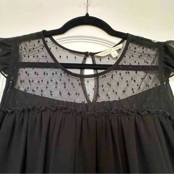 HAILEY LYN casual cocktail dress, flowy overlay embroidered flowers w/ lace top - Picture 3 of 7